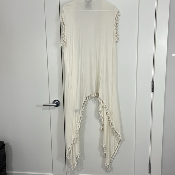 New POL Medium Ivory White Sleeveless Boho Long Duster Kimono Top w/Tassels - Picture 7 of 15